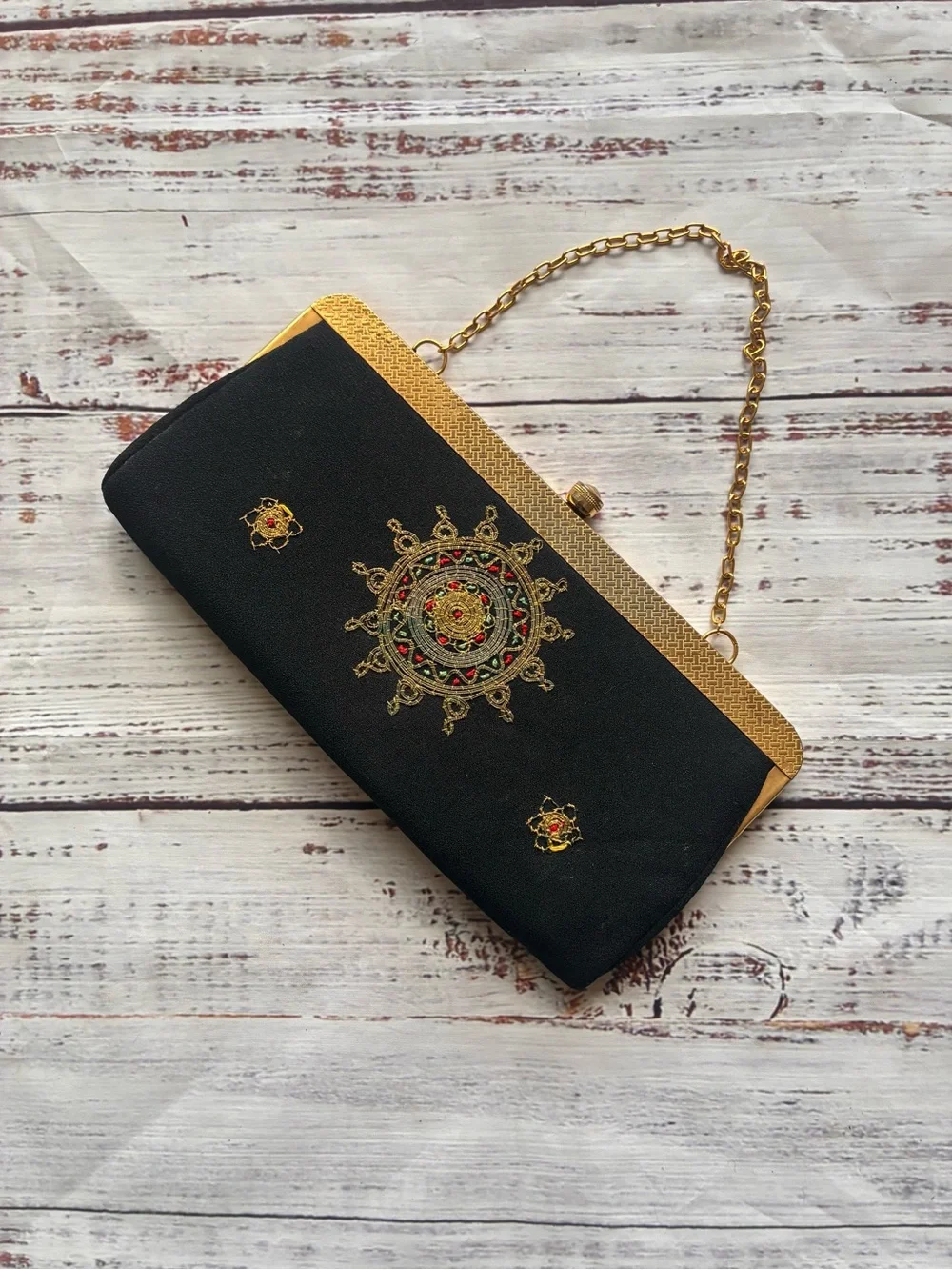 Vintage Black & Gold Embroidered Evening Clutch
